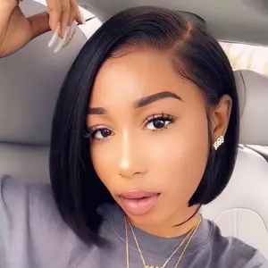 Fashion Short Straight Hair Wig for Black Women Side Part Ombre Black Heat Resistant Fiber Full Wig