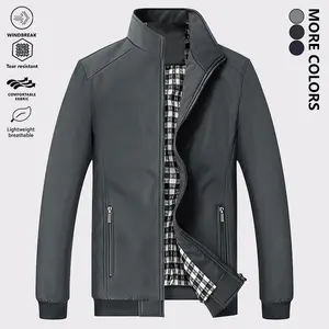 Men's lightweight stand collar jacket, classic solid color business casual long sleeve jacket, plaid lining, zippered pockets, suitable for autumn and winter daily commutes and outdoor activities
