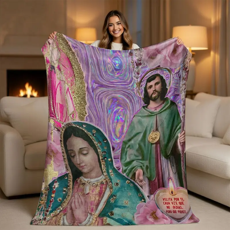 Chicano Style Religious Art Blanket - Colorful Afghan, Graphic, Ornate Decoration Throw, Vibrant Spiritual Collage, Guadalupe & Saint Jude Aesthetic Bedding, Hispanic Heritage Decor, Colorful Afghan Blankets, Graphic Blankets