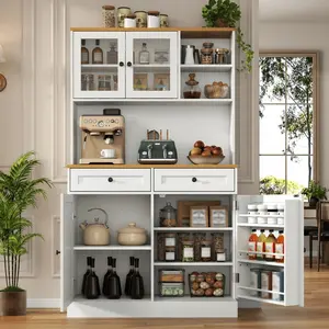 Modern Tall Sturdy Kitchen Hutch - 67.52"h x 15.75"w x 31.50"l, 2 Drawers, Adjustable Shelves, Glass Doors, Pantry & Microwave Stand, Above 25 kg, Assembly Required, for Dining Room