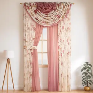 Sheer Curtains Laura Collection - 4 Panel Set, 84 Inches Long - Elegant Curtains for Bedroom &  - Valances with Beads & 2 tiebacks - 55" x 84" - Easy Install, Multicolor, Floral Rose Taupe