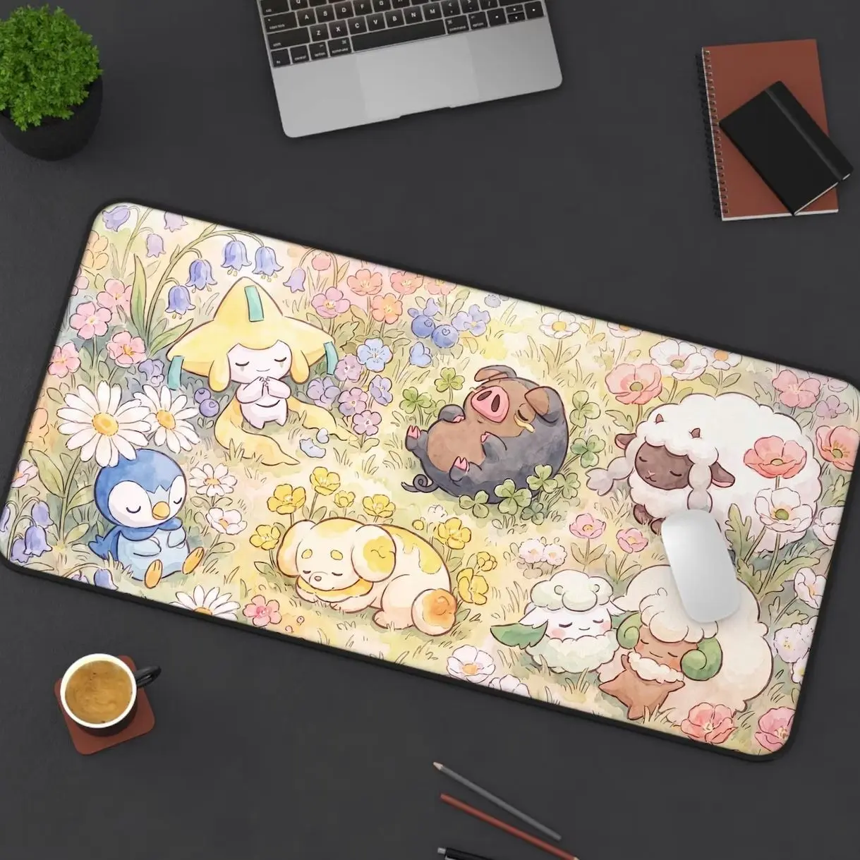Sleeping Meadow Desk Mat | Jirachi, Piplup, Lechonk Mouse Pad | Floral Playmat