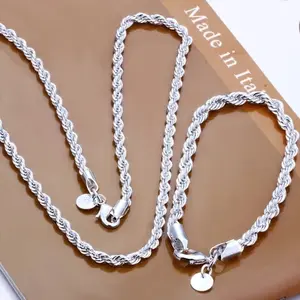 US-LUX -  925 silver 4MM women men chain male twisted rope necklace bracelets fashion Silver jewelry Set