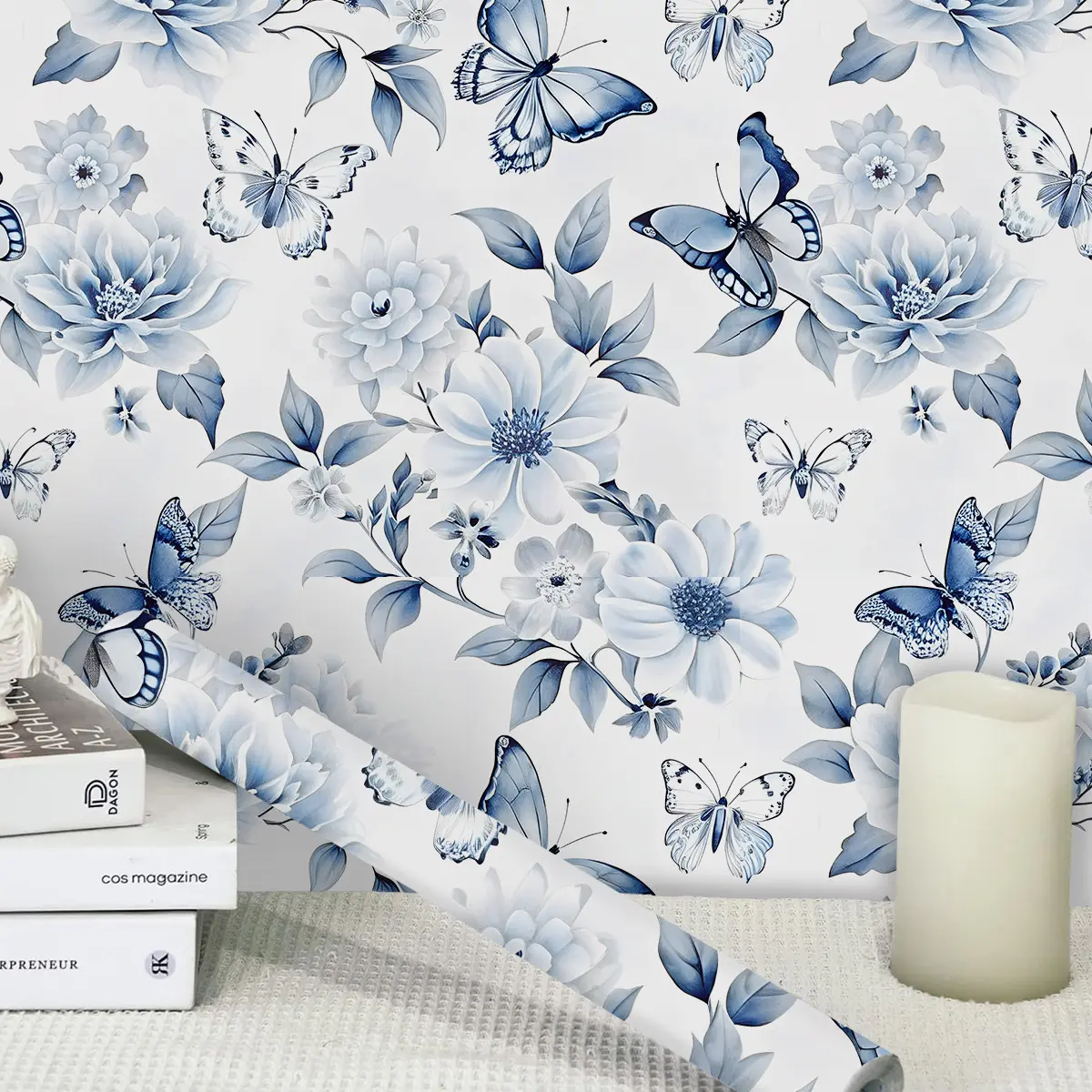 Light Blue Butterfly and Flower Wallpaper, Simple Style, Peelable Adhesive Paper, Home Decor, Living Room and Bedroom Wall Renovation
