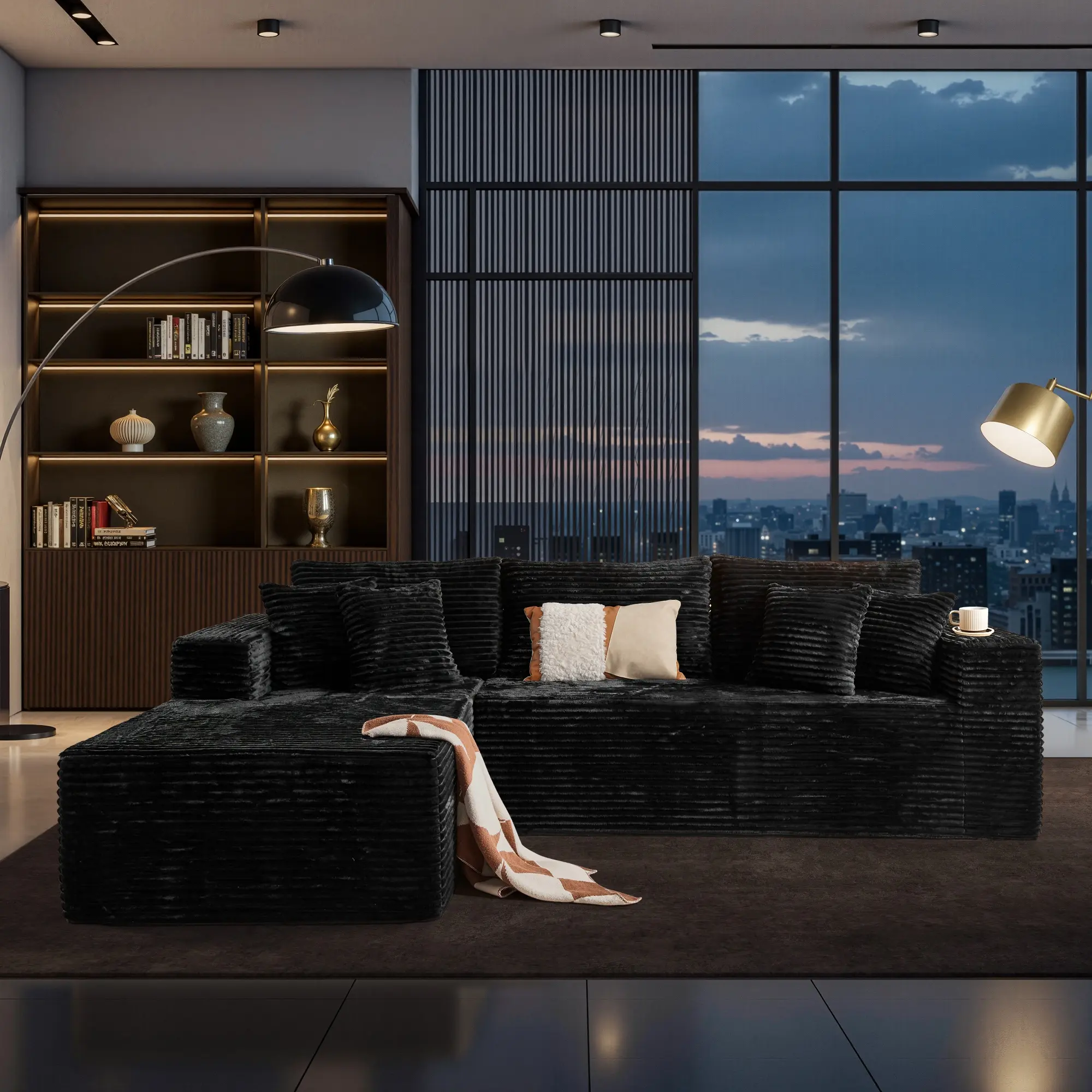 108“Black L Shaped Sofa Whit Left CHair