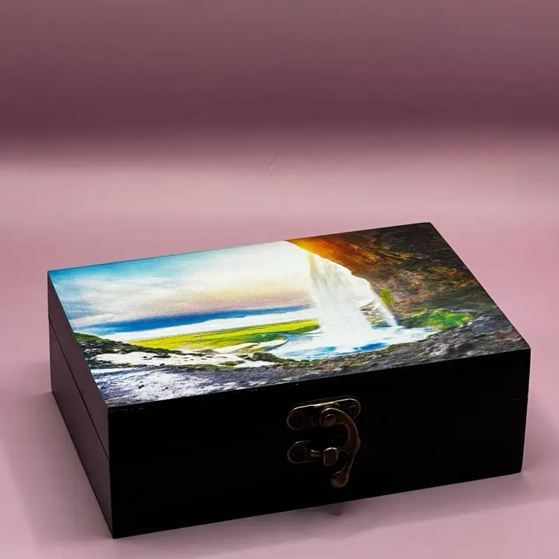 Chicago Custom Print Custom Memory Box - Wooden Storage Box with Hinged Lid, Soft Felt Lining, 4x6 Inches, Elegant Black Finish, Unique Design Decorative Gift Organiser Container