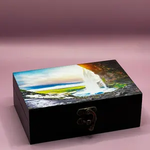 Chicago Custom Print Custom Memory Box - Wooden Storage Box with Hinged Lid, Soft Felt Lining, 4x6 Inches, Elegant Black Finish, Unique Design Decorative Gift Organiser Container