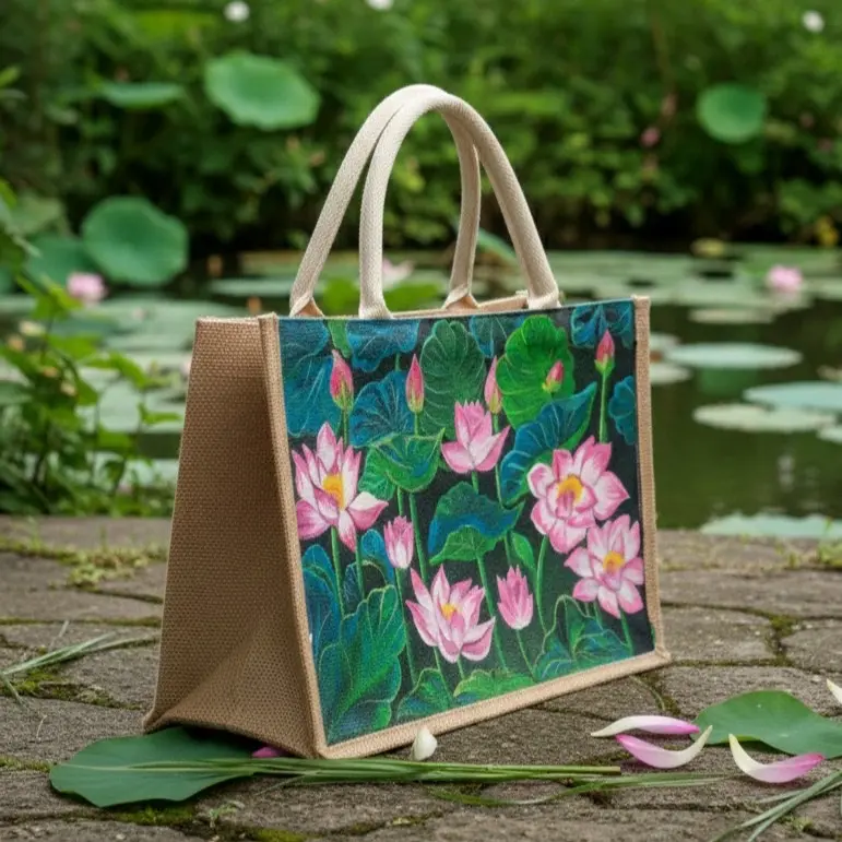 Hand-Painted Lotus Jute Tote Bag | Eco-Friendly Artisan Bag