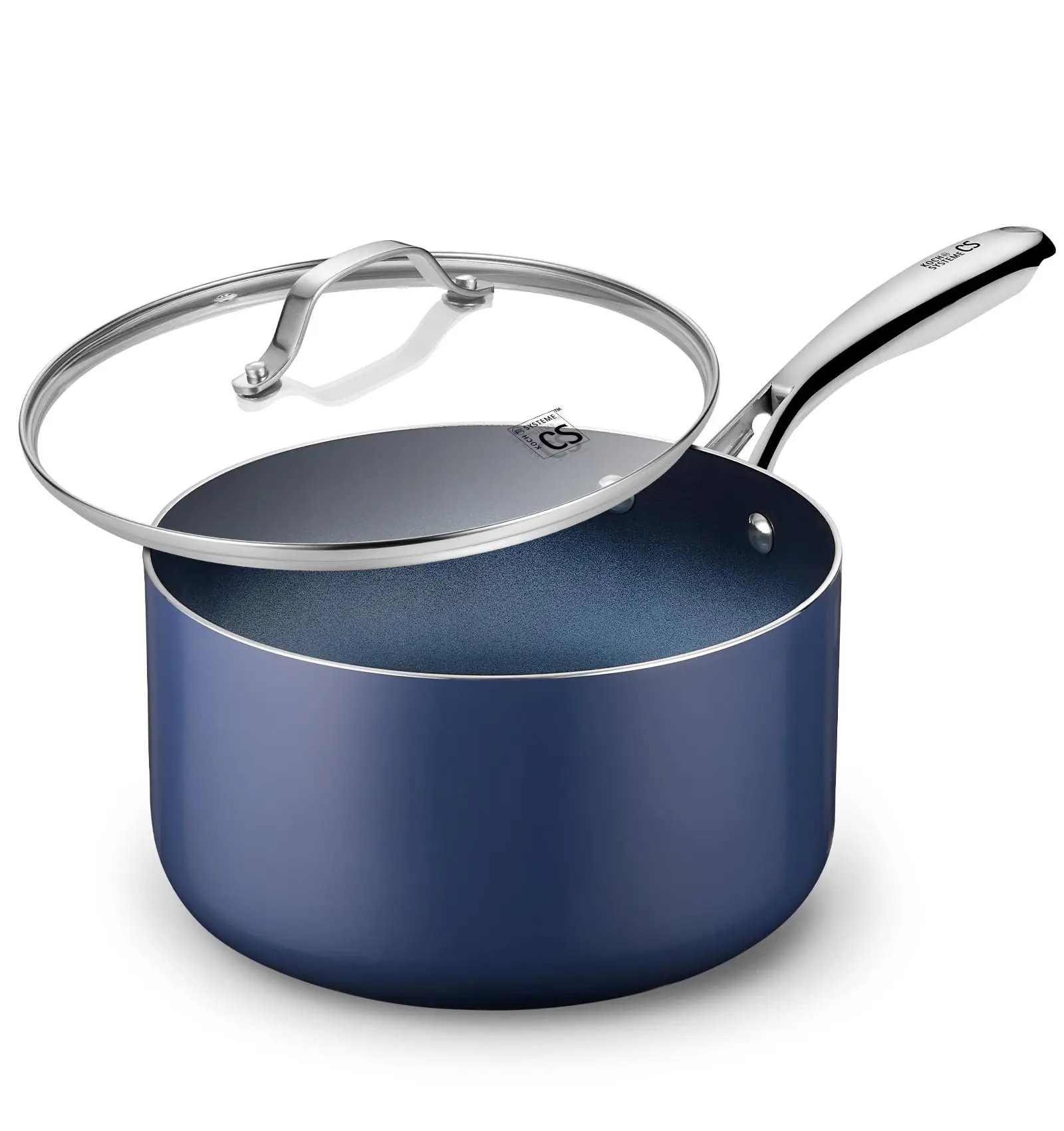KOCH SYSTEME CS 4 QT Saucepan with Lid, 4 Quart Nonstick Ceramic Sauce pan with Stainless Steel Handle, Non-Toxic Cooking Pot, Induction Pot, Oven Safe, Compatible for All Stove Top, Gradient Blue