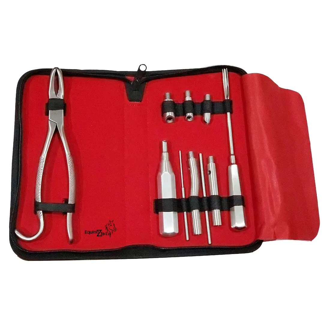 11-Piece Handcrafted Stainless Steel Equine Burgess Horse Dental Extraction Kit with Knurled Handles, Compact Premium Carry Case, Veterinary Instruments for Large Animal Oral Care & Barn Visits