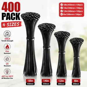 400PCS Black Heavy-Duty Nylon Zip Ties Assortment, Multi-Size 8/12/14/18-Inch UV-Resistant Wire Wraps for Garage & PC Setup, Ideal for DIY Projects and Father’s Day Gifts