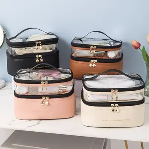Double Layer Transparent PU Makeup Bag, Portable Cosmetic Travel Organizer, Large Capacity Storage Pouch, Pure Color Design, Travel Cosmetic Bags