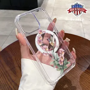 Magnetic Phone Case Supports Wireless Charging for iPhone 15 16 14 Pro Max 13 12 11 XR XS Plus E Hummingbird in Bloom Pattern Non-Yellowing Shockproof Soft Silicone Transparent Acrylic Large Hole Cover