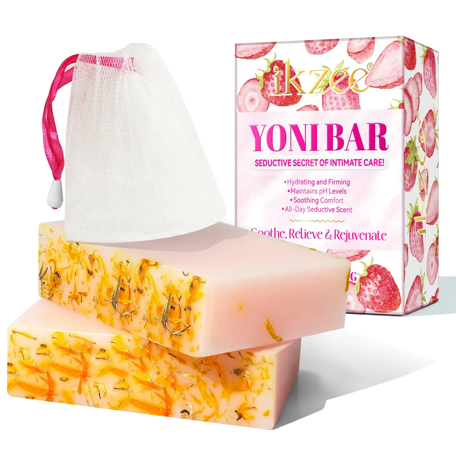 Ikzee Women's Yoni Soap 100g Strawberry Flavor Scent, Deep Cleaning Skin, Cleansing, Moisturizing, Hydrating & Firming, Ph Balance Soap, Body Care, Body Hygiene Products, 2 Pack, Cleanser, Scented, Aroma