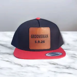 Custom Grooms Wedding Hat - Personalized Leather Patch Hat with Title & Date Design, Adjustable Fit, Adjustable Closure, Red Accents