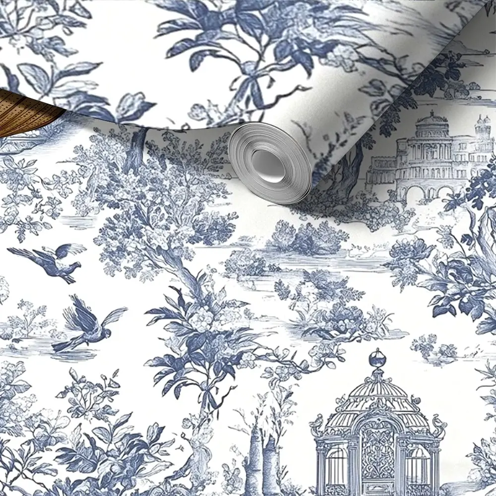 Blue & White French Toile de Jouy Peel and Stick Self Adhesive Wallpaper, Removable Waterproof Vintage Floral & Bird Wall Sticker for Bedroom Living Room, Renters Friendly Wall Decor