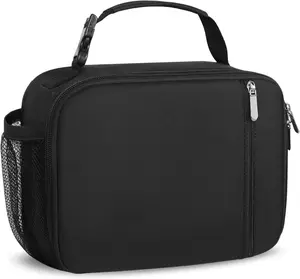 Kids Insulated Lunch Box with Handle, Thermal Lunch Bag for School, Reusable Lunch Bag with Bottle Holder for Boys & Girls, Black