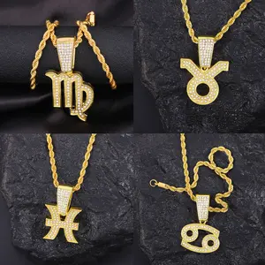 ZODIAC 12 Signs Symbols Hot selling Iced Cubic Zirconia Gold / Silver Plated Pendant & 4mm 18" 20" 24" Rope Chain Necklace Gift - Unisex, Casual Style