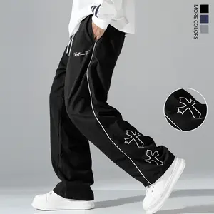 Men's Cross Pattern Wide-Leg Streetwear Pants | Contrast Piping, Quick-Dry & Loose Fit for Sports & Daily Wear