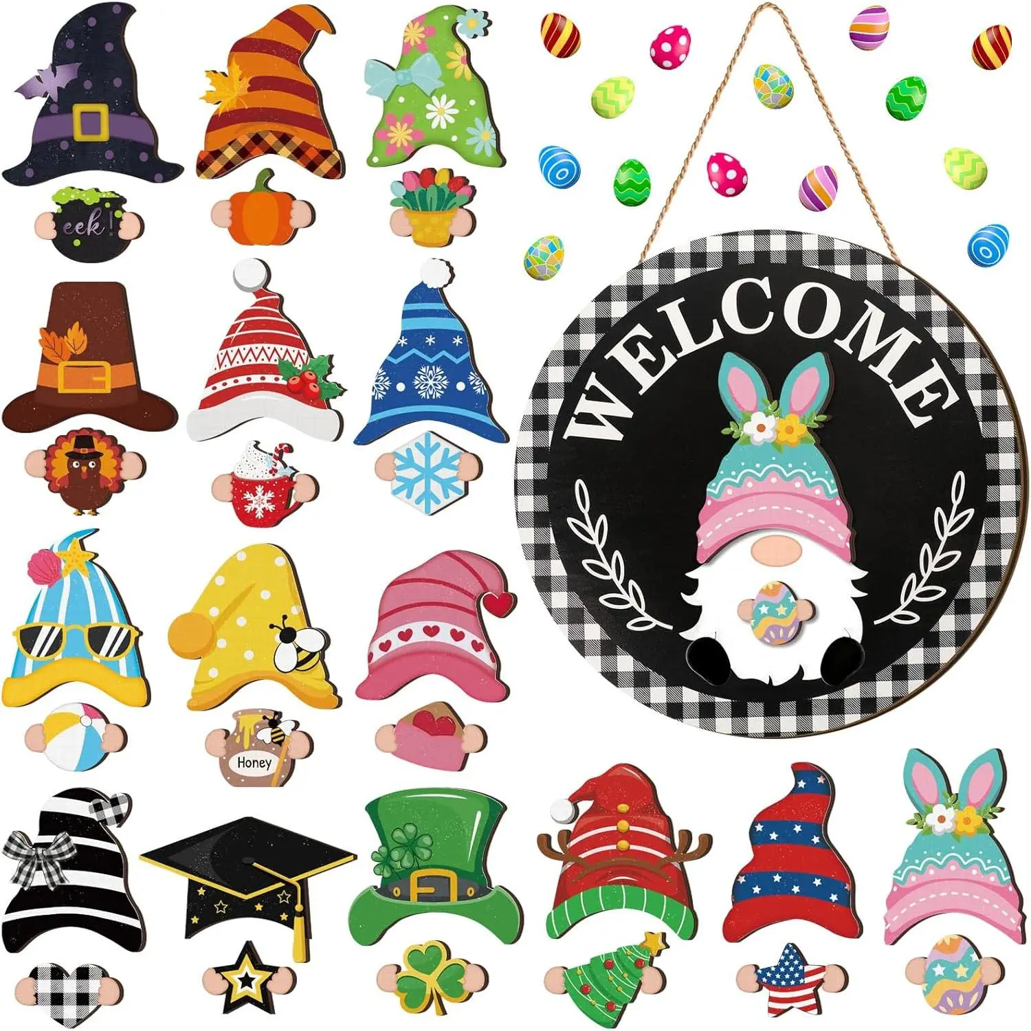 Interchangeable Wooden Gnome Decor Holiday Seasonal Gnome Decorations with Magnet Pieces and Detachable Hats Changeable Welcome Sign for Home(Trendy Style) Interchangeable Wooden Gnome Decor Holiday Seasonal Gnome Decorations with Magnet Pieces and Detachable Hats Changeable Welcome Sign for Home(Trendy Style)