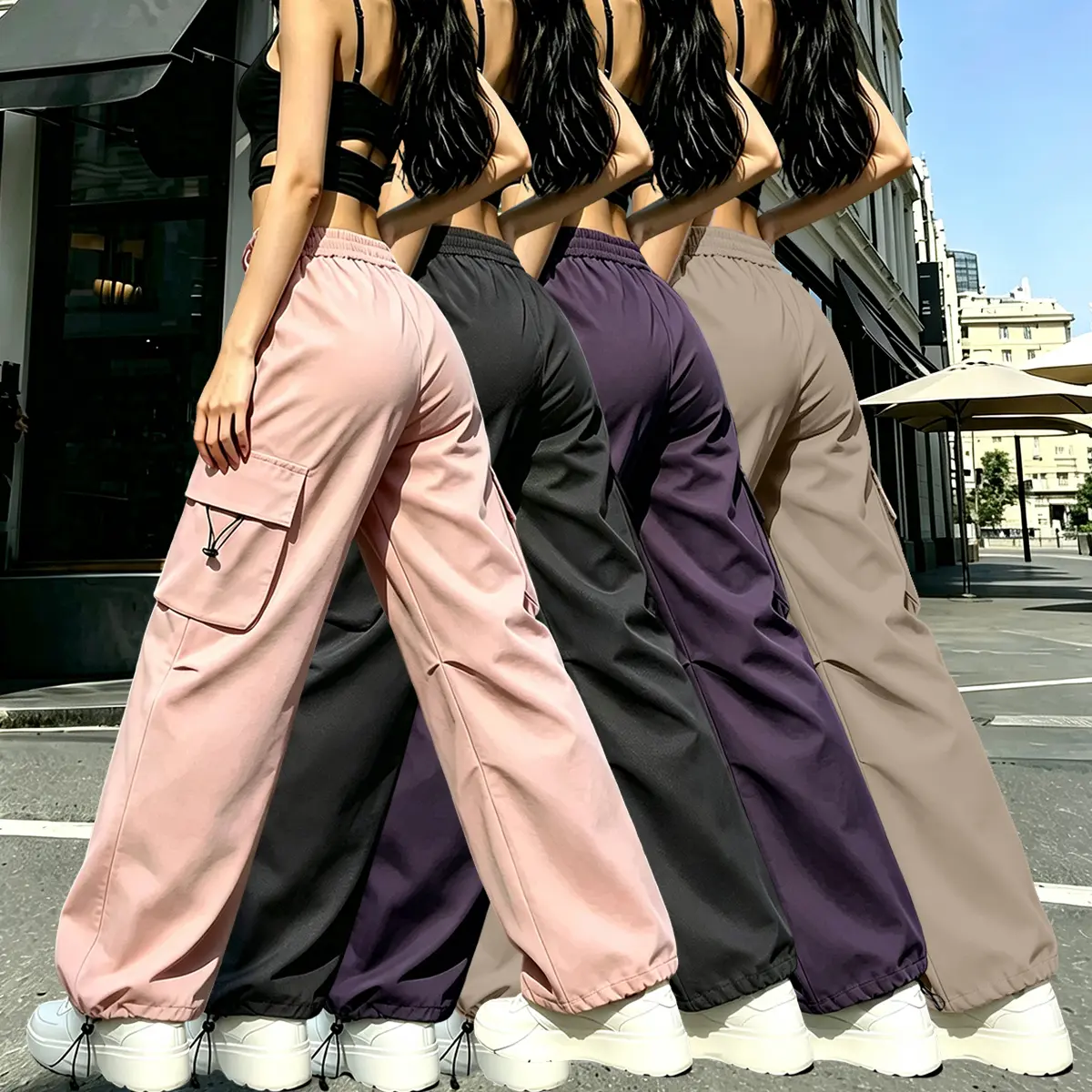 4-piece set of women’s athletic cargo pants with multifunctional cargo pockets and a drawstring waist—all-season workout running fitness pants suitable for casual outdoor wear—women’s activewear, women’s long pants, casual outdoor long pants
