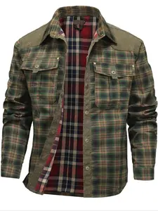 Men's Vintage Plaid Checked Shirt Jacket, Casual Loose Fit Long Sleeve with Double Patch Pockets, Casual Wear Clothing, 100% Polyester Woven Fabric, Non-stretch Lapel Collar, Single Breasted Snap Closure - Autumn College Style, Mens Clothing