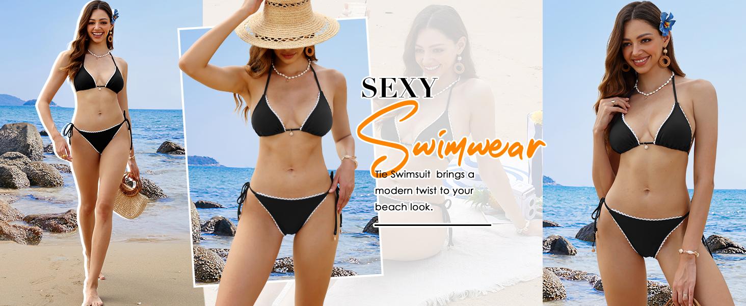 ANRABESS Sexy Bikini Sets for Women Ruffle Trim Two Piece Swimsuit 2026 Summer Bathing Suit Halter String Triangle Swimwear