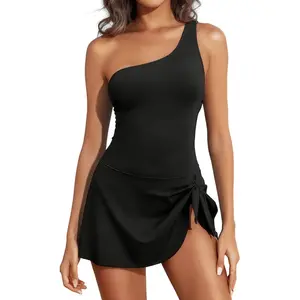 Women's One Shoulder Swim Dress - Ruched Waist Slimming One Piece Bathing Suit with Skirt for Summer Beach & Vacation