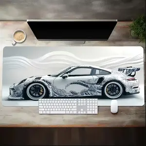 Large White Sports Car Design Gaming Mouse Pad Anti-Slip Rubber Base Extended Desk Mat for Gamer Office Use Computer Accessories - 500x1000x3MM