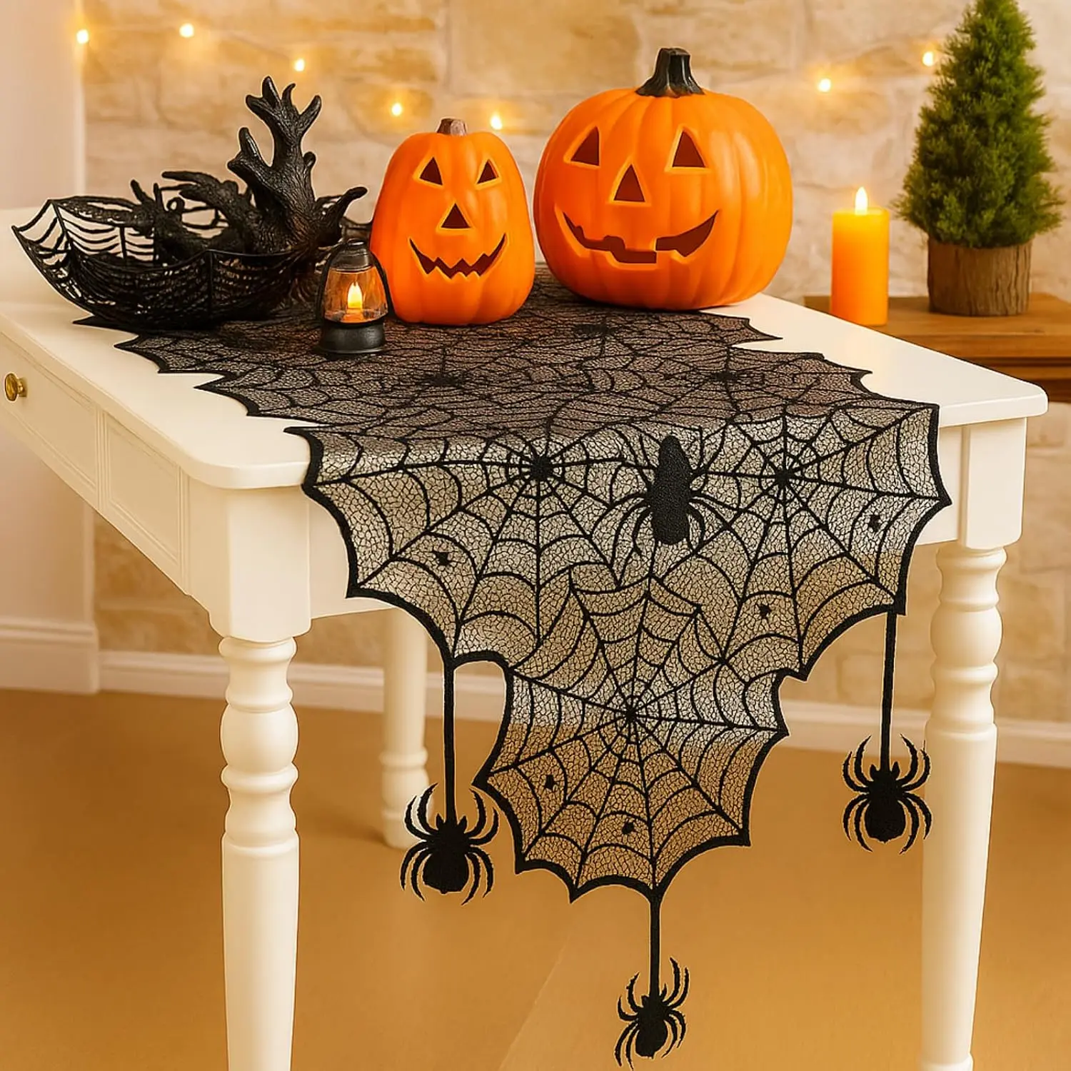 Spooky Season Halloween table runner for Halloween Decor, Dinner Party Table Decor, Black Lace Spider Wed Tablecolth for Tablescape Centerpiece Setup , Shelf Display Fireplace Mantel Decor, Festive Dining, Kitchen, Coffee Table Decor Indoor Home Decor