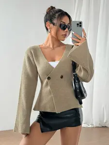Women's Elegant Asymmetrical Knit Cardigan – V-Neck Double-Breasted Sweater with Long Sleeves, Drop Shoulder, Button Closure, Slim Fit Knitwear for Fall Winter Outfits, Versatile Solid Color Cardigan