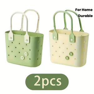 [2-Pack Floral Tote Bag] Floral pattern rubber beach tote bag, durable material, soft handle, suitable for multi-purpose storage of bath products, shopping, camping, etc. - reusable multi-functional personal care storage bag,