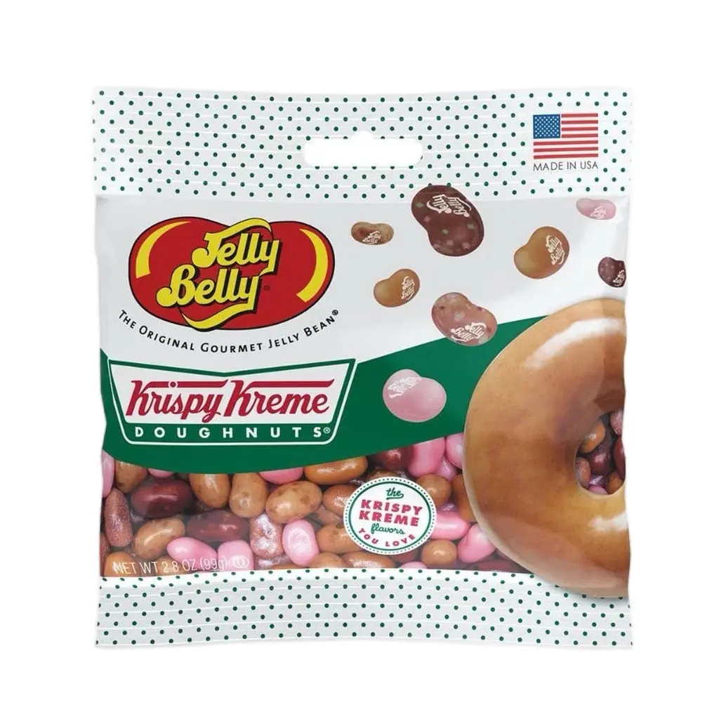 Jelly Belly Krispy Kreme Doughnuts Flavored Jelly Beans - 5 Classic Flavors - Original Glazed, Chocolate Iced, Strawberry Iced, Blueberry Cake, Cinnamon Apple - Chewy Sweet Snack - 2.8 oz Bag