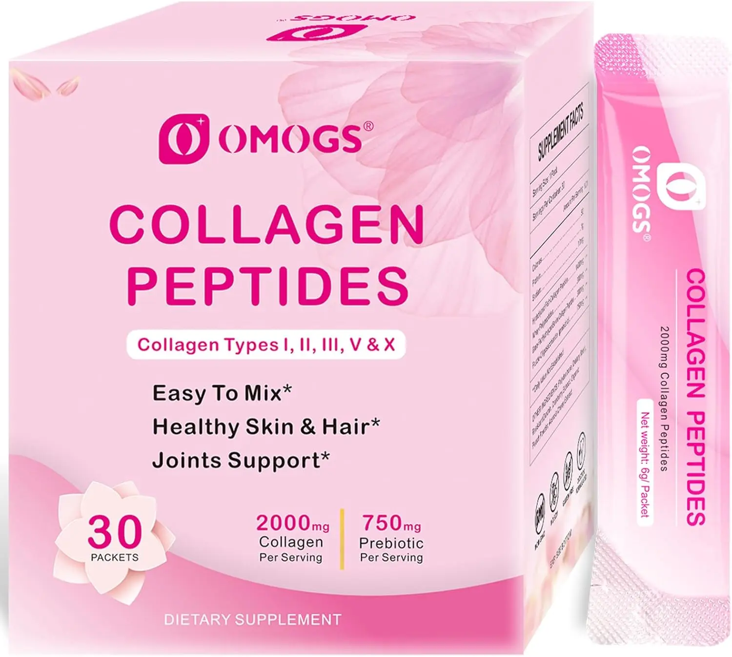 OMOGS Hydrolyzed Collagen Peptides Powder with Prebiotics & Cranberry Extract - Grass-Fed, Non-GMO Healthcare Supplement for Women & Men, Supports Hair, Skin, Nail, Bone & Digestive Health