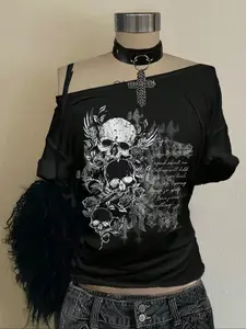 Women's Y2K Gothic Skull Letter Print Asymmetrical Shoulder T-Shirt, Fashion Summer Top, Casual Loose Fit Outerwear