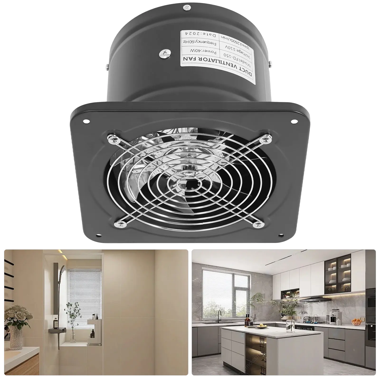 Corded Electric Quiet Iron Housing Compact Exhaust Fan Ventilator - 40W Power, 110V, 2600RPM, 60-70dB, Wall Mount/Window Mount for Kitchen, Bathroom Home Supplies