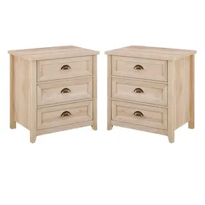 Walker Edison Odette Framed Farmhouse 3-Drawer MDF Wood Nightstand Set - Set of 2, White Oak, Frame Doors, Bedside Cabinet, Dresser Nightstand, Bedroom Side Table, Requires Assembly
