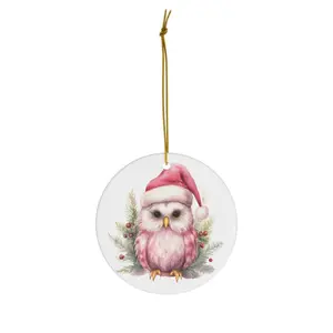 Pink Ceramic Owl Christmas Ornament - Cute Xmas Gift for Home Decor - Circle/Star/Heart/Oval Shapes
