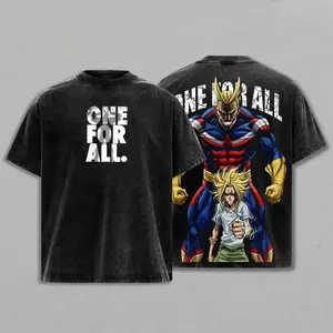Men's Oversized Round Neck Short-Sleeve My Hero Academia All Might Graphic Tee - Double-Sided One For All Print, Washed Vintage Distressed Aesthetic, Breathable Cargo-Inspired Streetwear Casual T-Shirt