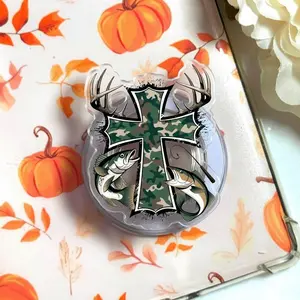 Cross with Antlers and Fish Phone Grip - Unique Camo Pattern Christian Cell Phone Stand - Expanding Phone Holder for Hunters and Church Members - Gift Idea for Father's Day or Confirmation