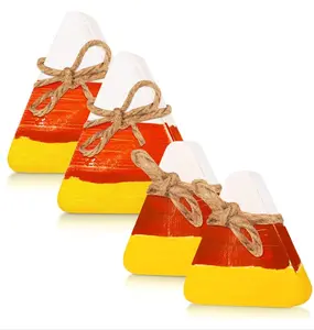 4 pieces Halloween Wood Candy Corn Halloween Wood Table Decor for Halloween Home Decor (White Orange Yellow) Wooden Set