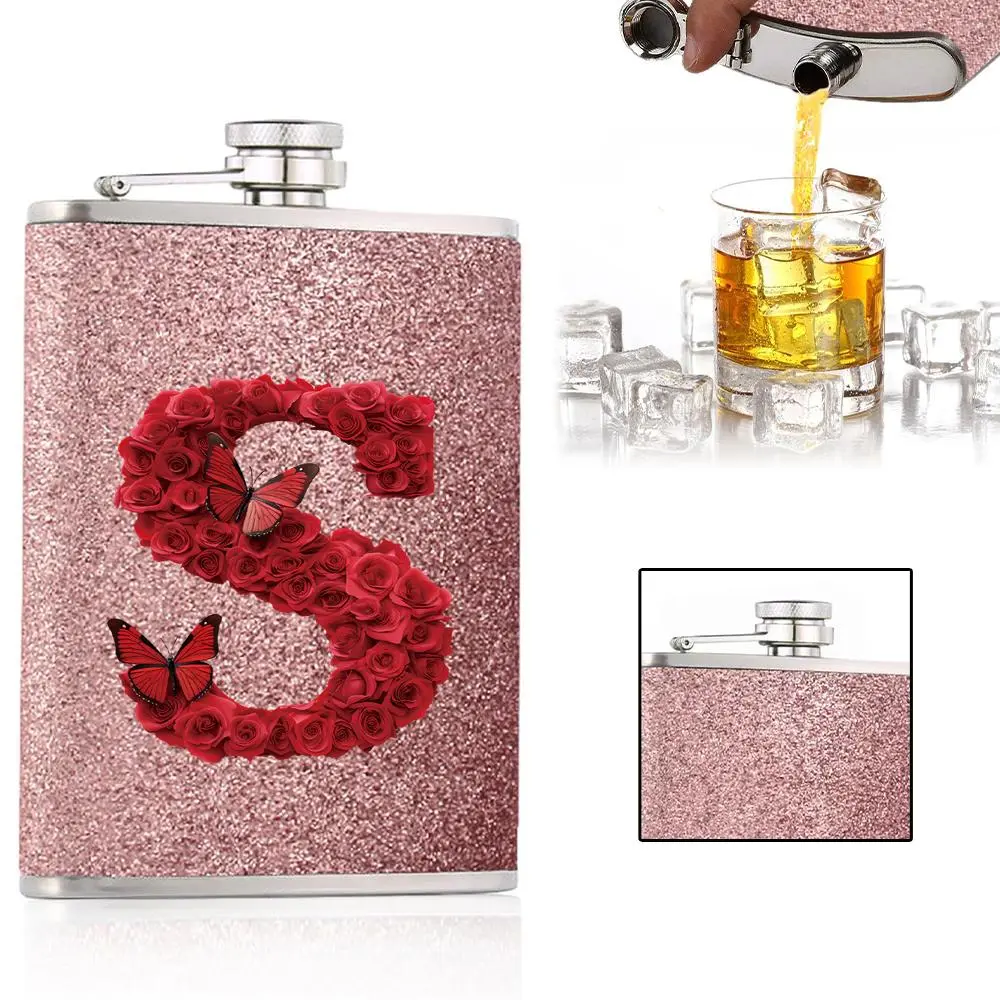 8oz A-Z Letter Pattern Stainless Steel Hip Flask, 1 Count Leakproof Vodka Whiskey Wine Bottle, Metal Drinker Alcohol Liquor Container for Purse Pocket Travel Leakproof Reusable Bottle