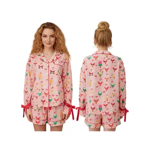 Women Fashion Christmas Pajama Sets Santa Print Tie-up Long Sleeve Button-up Shirts Tops and Elastic Waist Shorts Xmas Sleepwear