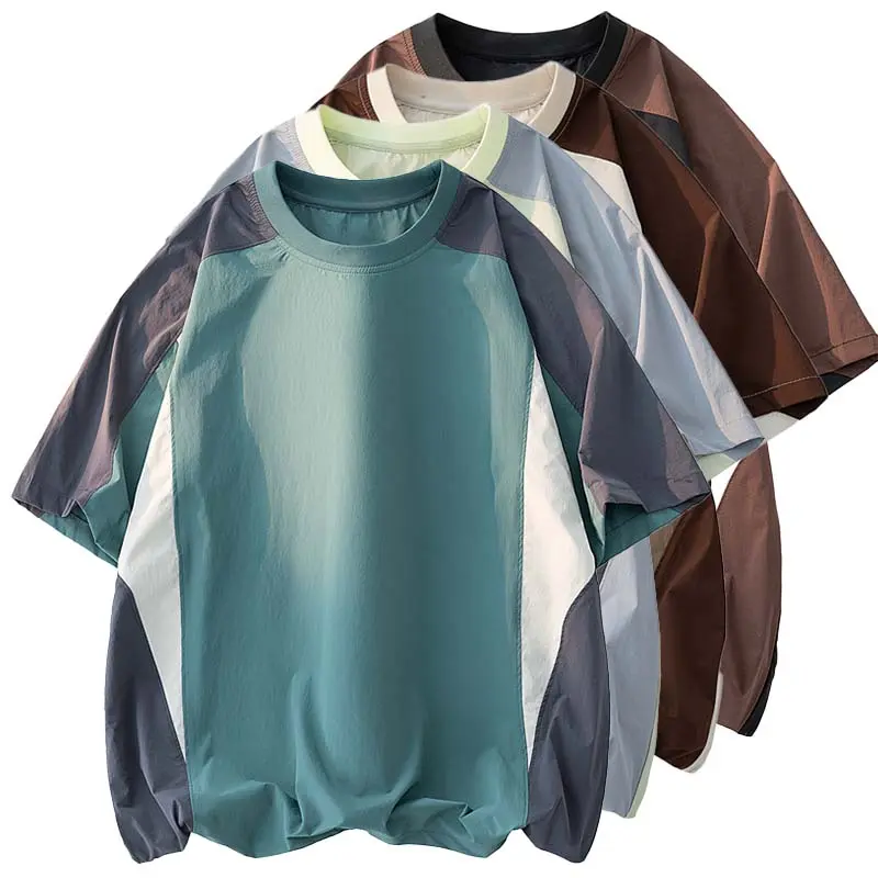 Men's Retro Color Block T-Shirt with Raglan Short Sleeves, a Slim Fit Breathable Nylon Blend Crew Neck Top with an Adjustable Drawstring Hem for Students, Shortsleeve, Menswear