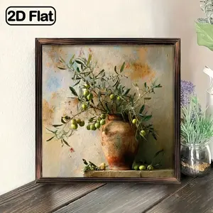 2D Flat, 1pc Rustic Olive Branch & Pottery Jar Still Life Painting - Vintage Farmhouse Wall Art with Olive Branches & Pottery Jar in Muted Tones, 8x8 Inch  Frame, Flat Panel Decor for Kitchen, Living Room, Bedroom - Perfect Housewarming, 2D Flat