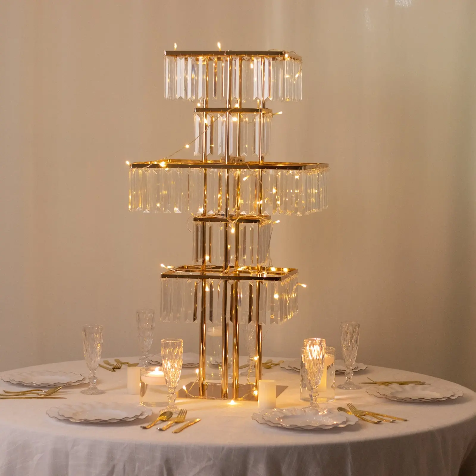 40-in 5-Tier Gold Square Crystal Chandelier Table Centerpiece, Metal Flower Stand Vase with Hanging Crystals for Anniversary, Birthday