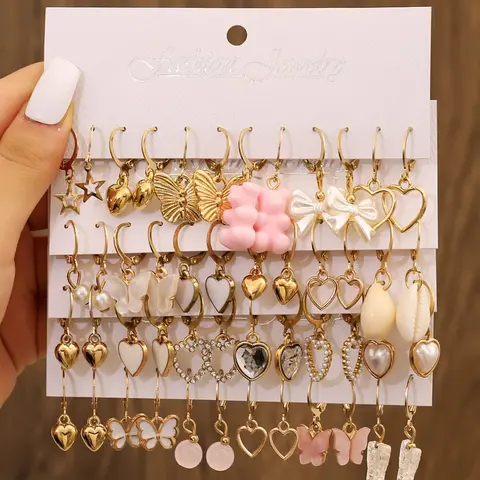 Heart Butterfly Earrings Set Cute Girl Style Fashion Versatile Metal Elegant Ear Jewelry for Women 24 Pairs Ear Hoops Trendy Fashionable Accessories
