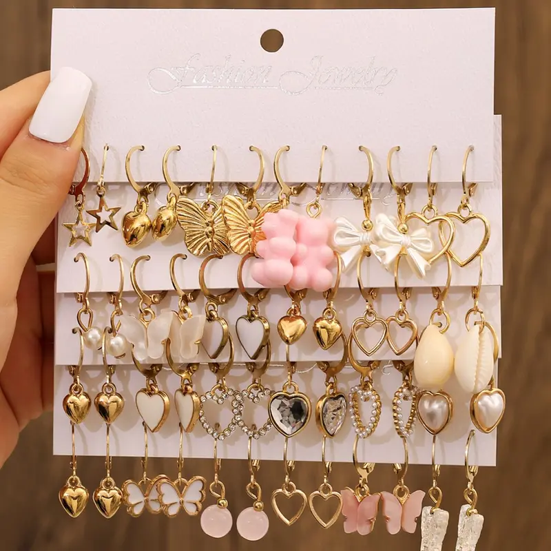 Heart Butterfly Earrings Set Cute Girl Style Fashion Versatile Metal Elegant Ear Jewelry for Women 24 Pairs Ear Hoops Trendy Fashionable Accessories