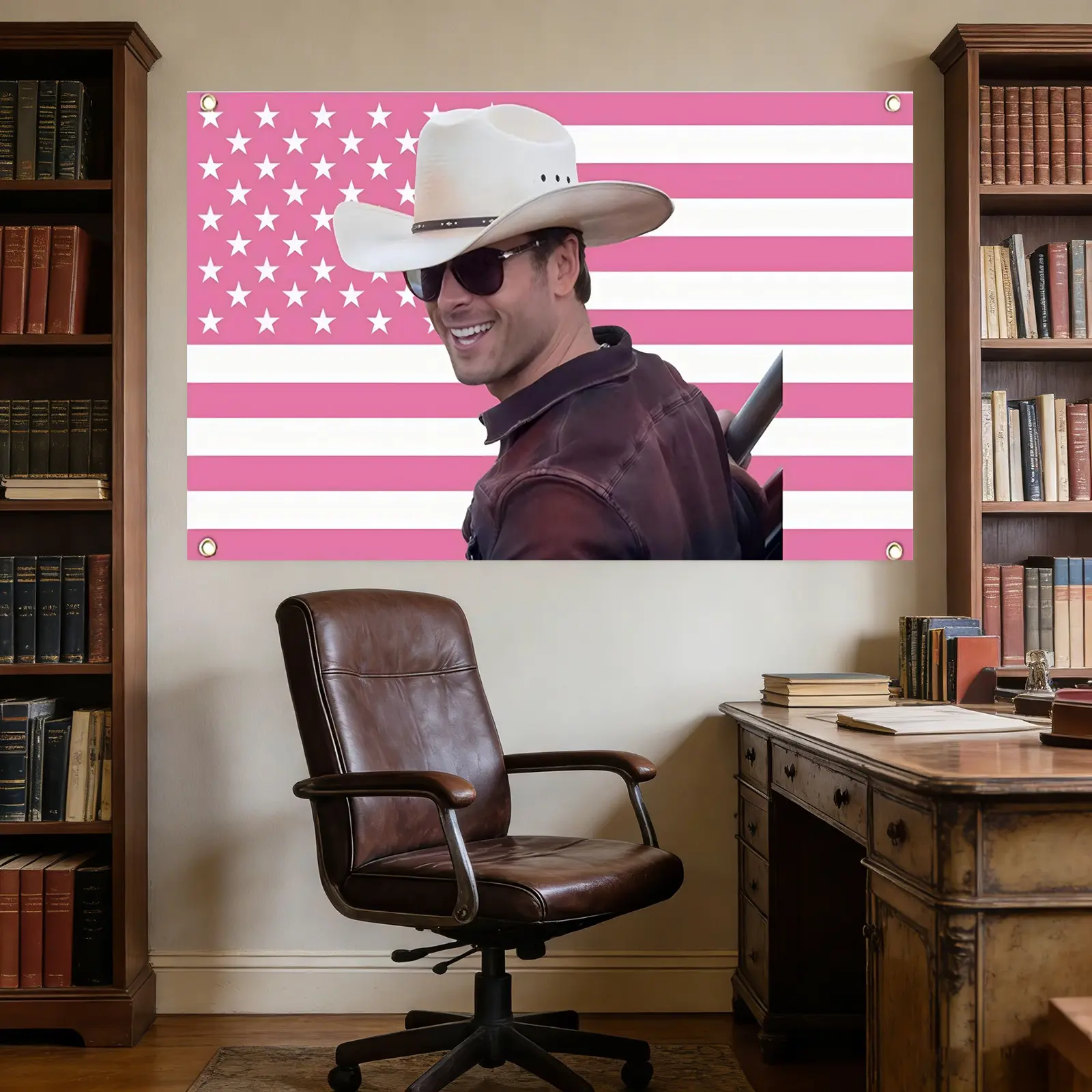 Glen Powell American Pink Flag Polyester Wall Hanging Tapestry - Whimsical Home Decor with Brass Grommets for Dorm Rooms, Cowboy Themed Men’s Cave & Outdoor Banner