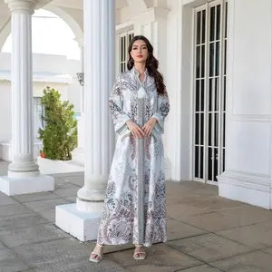 SW1104 Middle Eastern cross-border Muslim women's robe with printed patterns, diamond embellishments, and beading, Arabic dress Abayas
